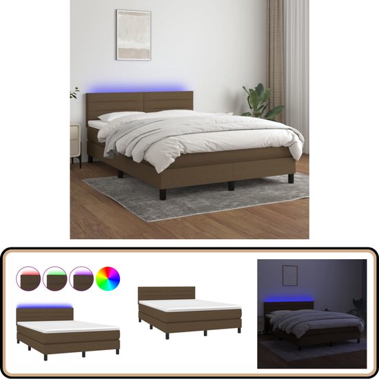 vidaXL Boxspring met matras en LED - Donkerbruin - 140x190 cm Boxspring - Led Bed - Donkere Bruine Boxspring - Pocketveer Matras - Boxspring Set