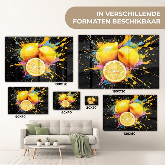 MuchoWow® Glasschilderij 120x80 cm - Schilderij acrylglas - Citroen - Graffiti - Kleurrijk - Verf - Modern - Foto op glas - Muurdecoratie woonkamer - Wanddecoratie slaapkamer - Schilderijen