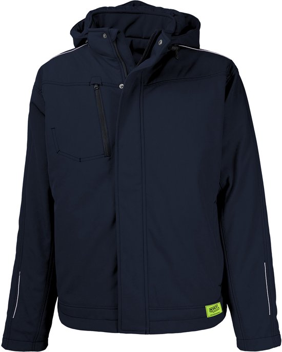 Donkerblauwe TMG KULT WORKER softshell werkjas met capuchon, ritsen, borstzak en 3M reflecterende strepen.