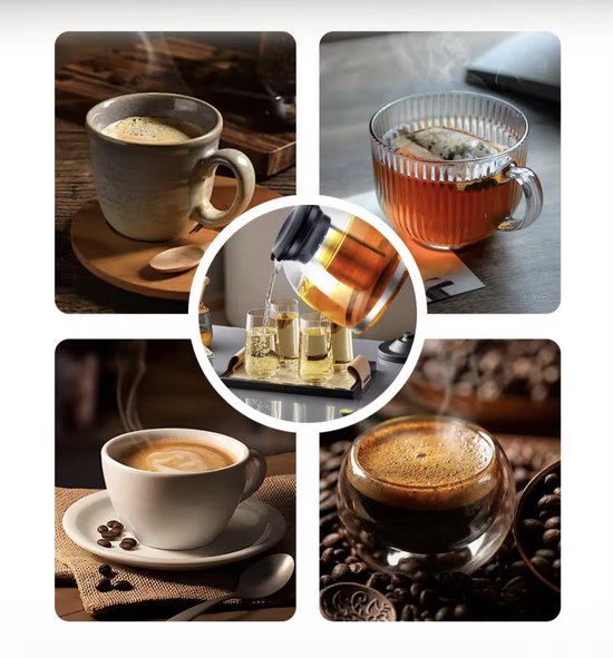Collage van dranken: koffie met schuim, thee in glas, espresso, en schenken van een drankje in glazen.