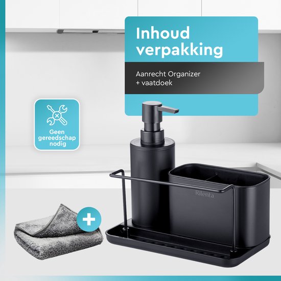 Rilenta® Organiseur de comptoir et de Cuisine avec porte-torchon et distributeur de savon - Chiffon de nettoyage inclus - Égouttoir - Support d'évier pratique pour torchons et Essuies de vaisselle - Organiseur de meuble d'évier - Zwart mat