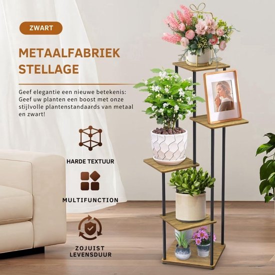 Outsunny Bloemenstandaard, Plantenstandaard met 6 Verstelbare Ronde Planken, Hoekstandaard voor Plantenpotten, Metaal, Zwart | Netherlands