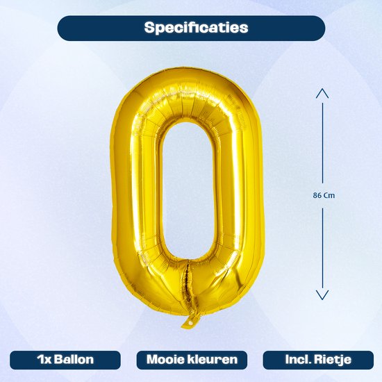 Gouden ballon met het cijfer 0, 86 cm hoog. Inclusief rietje.