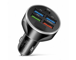 DrPhone QC18 – 5 Poorts Autolader – USB-C PD 20W & QC3.0 Snelladen – LED Spanningsdisplay – 12V/24V Auto Oplader - 2x USB 3.0 / 2x USB-3.1A / USB-C PD - Zwart