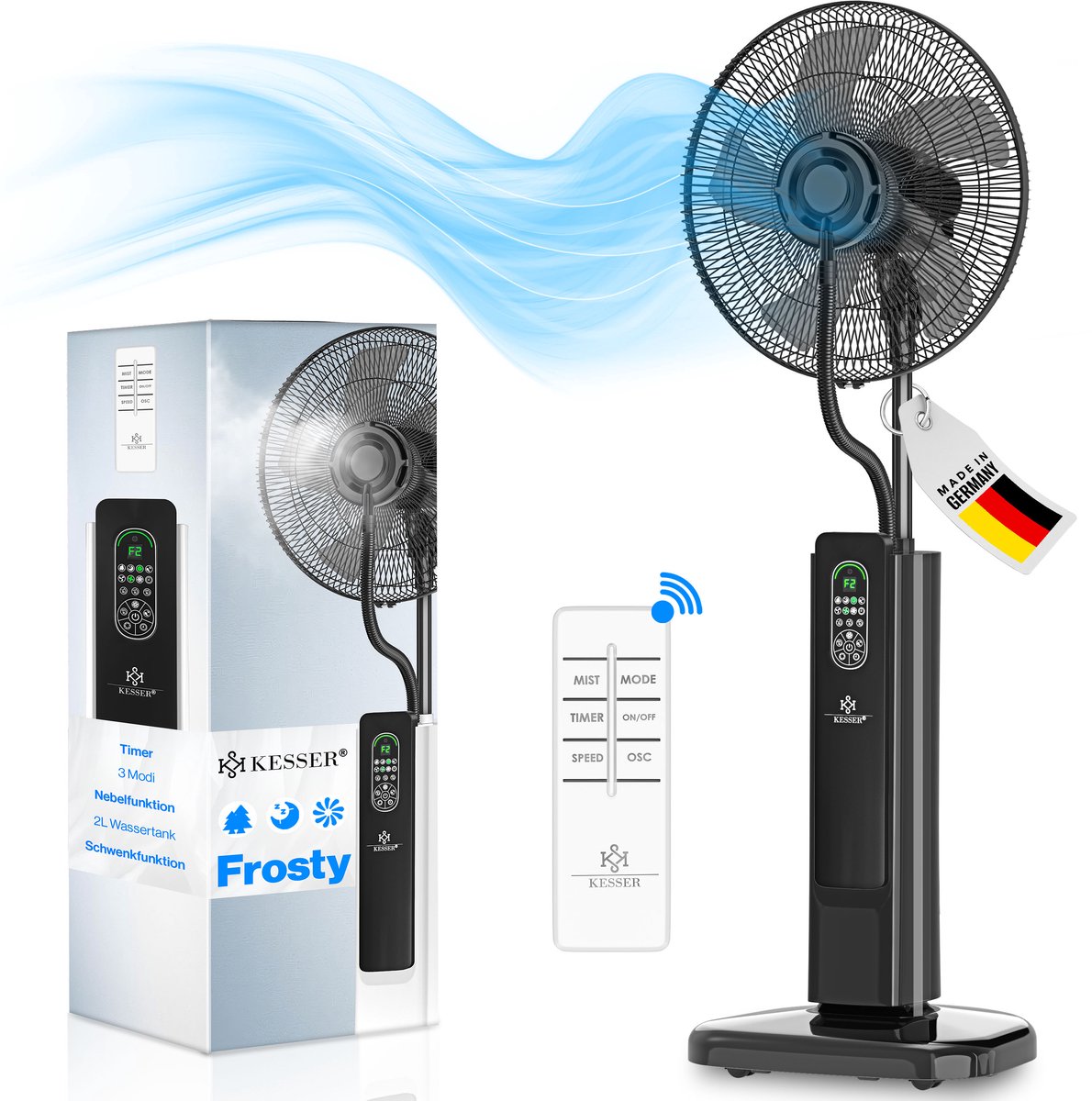 KESSER® Statiefventilator Frosty met Water Ultrasone Verneveling Koeling - Staande Ventilator inclusief Afstandsbediening en Timerfunctie - Zwart
