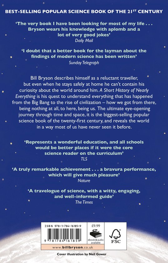 Couverture arrière du livre "A Short History of Nearly Everything" avec citations et informations sur l'auteur.