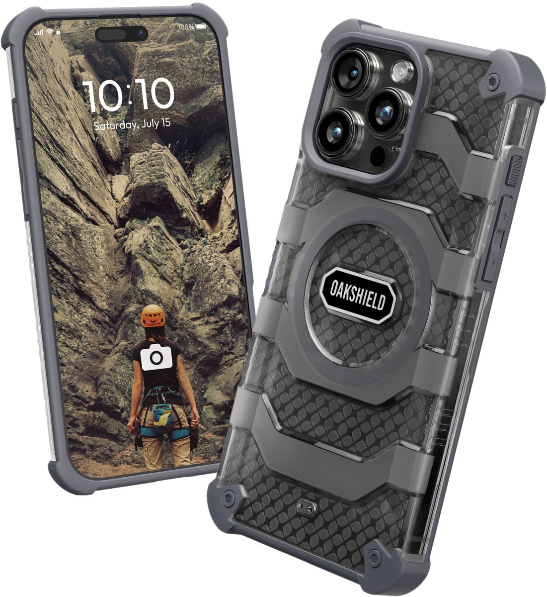 Oakshield telefoonhoesje geschikt voor iPhone 15 Pro Max hoesje - Smartphone case compatibel met MagSafe - Antislip mobiele telefoon hoes in grijs