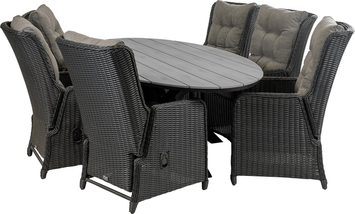 7-delige tuinset | 6 Dublin verstelbare stoelen (BL) | 220cm ovale Cyprus tuintafel (Grey)