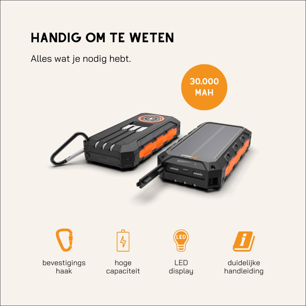 JIR Tech - Solar Powerbank 30 000 mAh - Ingebouwde kabels - afbeelding 3
