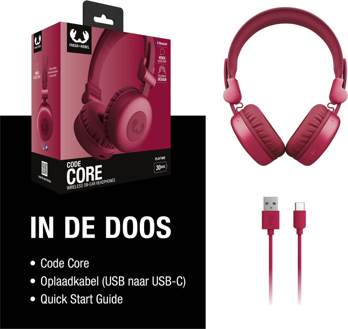 Fresh ‘n Rebel Code Core – Draadloze on-ear koptelefoon – Bluetooth - 30 uur Speeltijd - Rood - Berry Red – foto 6