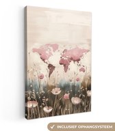 Canvas schilderij 80x120 cm - Exclusieve wanddecoratie Wereldkaart - Roze - Bloemen - Muurdecoratie woonkamer - Slaapkamer decoratie - Kamer accessoires - Schilderijen op canvas