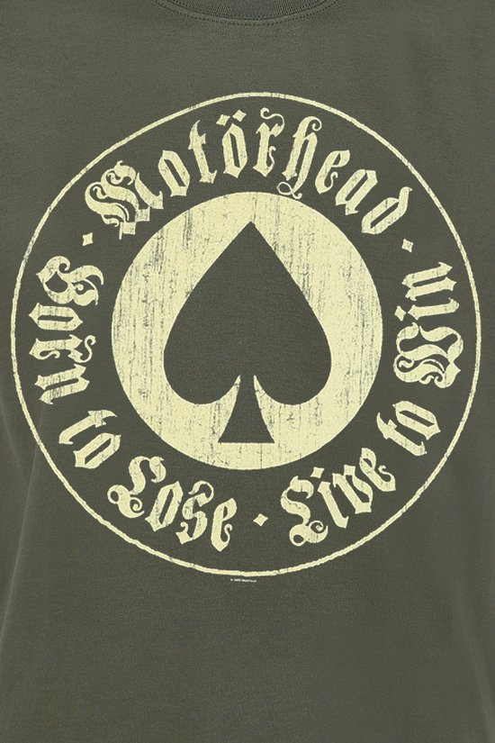 Donkergroen t-shirt met Motörhead logo en "Born to Lose, Live to Win".