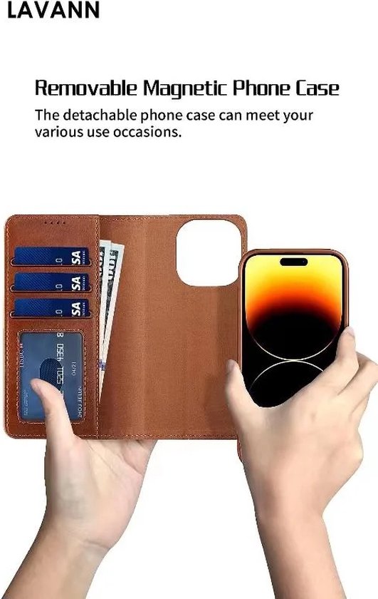 iPhone 14 Pro Max - Étui de téléphone en cuir de Luxe 2 en 1 - Élégant et multifonctionnel - Lavann - Bookcase magnétique 2 en 1 en cuir - Blauw
