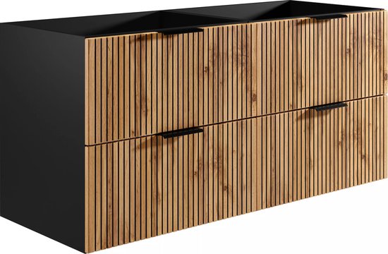 Meuble de salle de bain suspendu avec décoration nervurée en bois sur les portes et côtés noirs.
