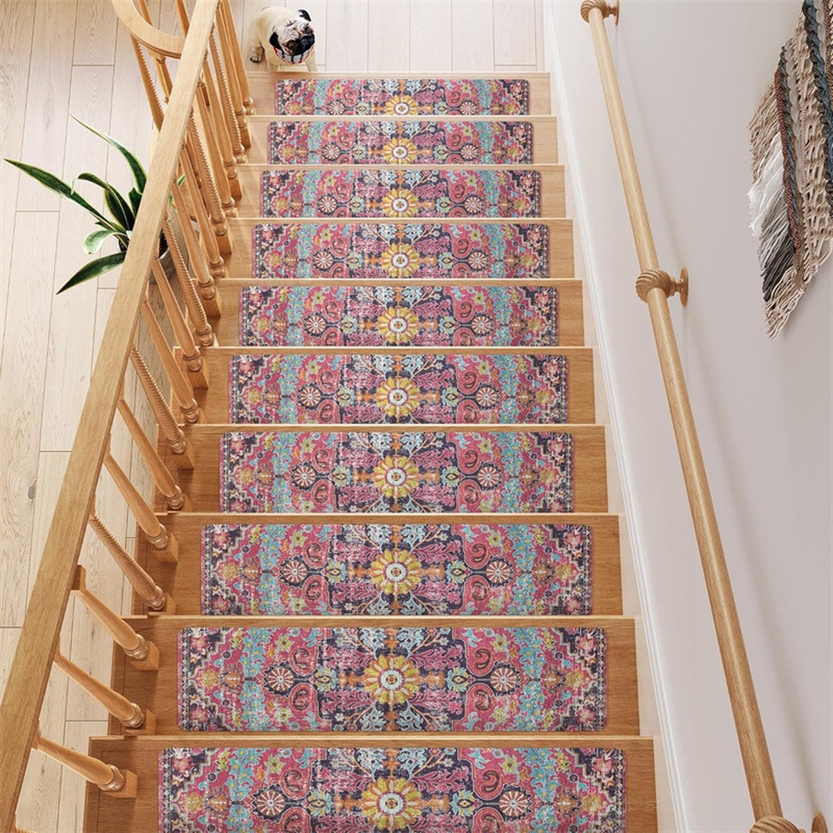 26x80CM Tapijt Traptreden - 15 Pack - Antislip Trapmatten - Verwijderbaar Traptapijt - Vuilafstotende Binnen Stapmatten - Waterabsorberende Snel Drogende Vloermatten - Veilig voor Kinderen, Ouderen en Huisdieren - Rode en gele symmetrie