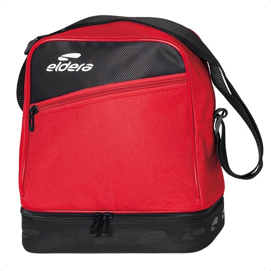 Rode sporttas met zwart boven- en ondervak, ritsen en Eldera logo.