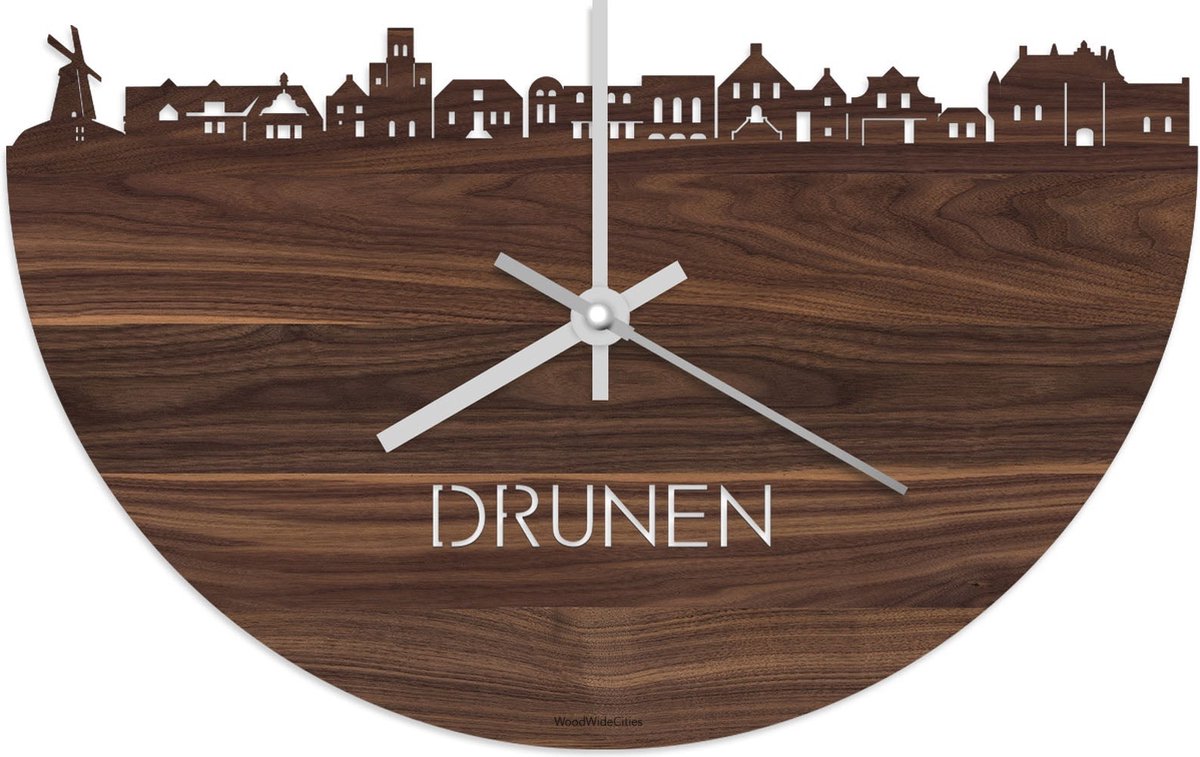 Skyline Klok Drunen Notenhout - Ø 40 cm - Stil uurwerk - Wanddecoratie - Meer steden beschikbaar - Woonkamer idee - Woondecoratie - City Art - Steden kunst - Cadeau voor hem - Cadeau voor haar - Jubileum - Trouwerij - Housewarming - WoodWideCities