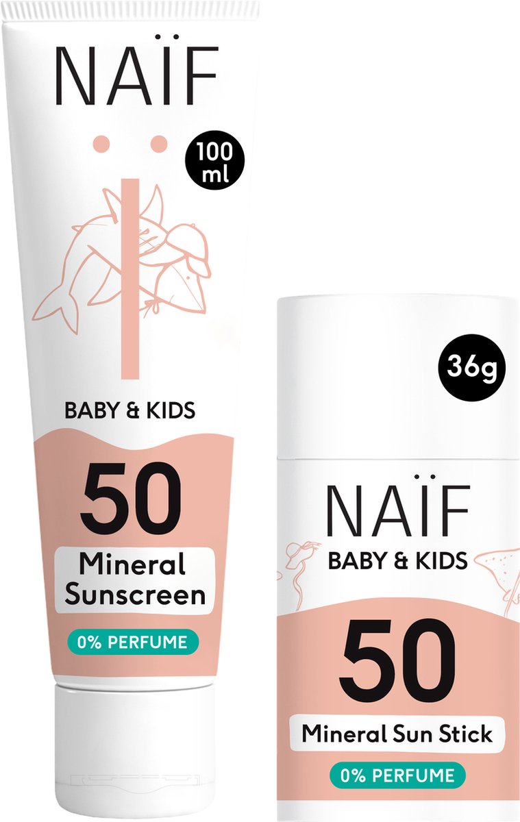 Naïf - Minerale Zonnebrand crème & Minerale Zonnebrand Stick Voordeelset - Baby's & Kinderen - 0% parfum - SPF50 - 100ml + 36gr