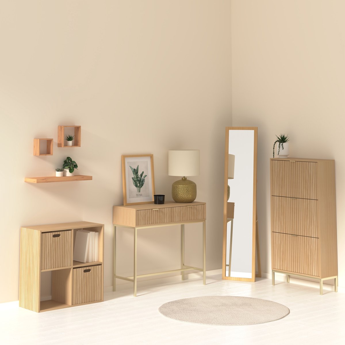 5Five Schoenenrek met houteffect 3L - 63x24x132cm - Beige - Akoestische Look
