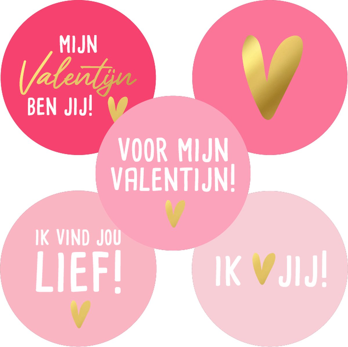 10 Cadeaustickers: Thema Valentijn - Goudfolie - Ronde sticker 4 cm- Cadeauversiering- Sluitzegel- Traktatiesticker- Wensetiket- 5 varianten- 10 stuks in verpakking