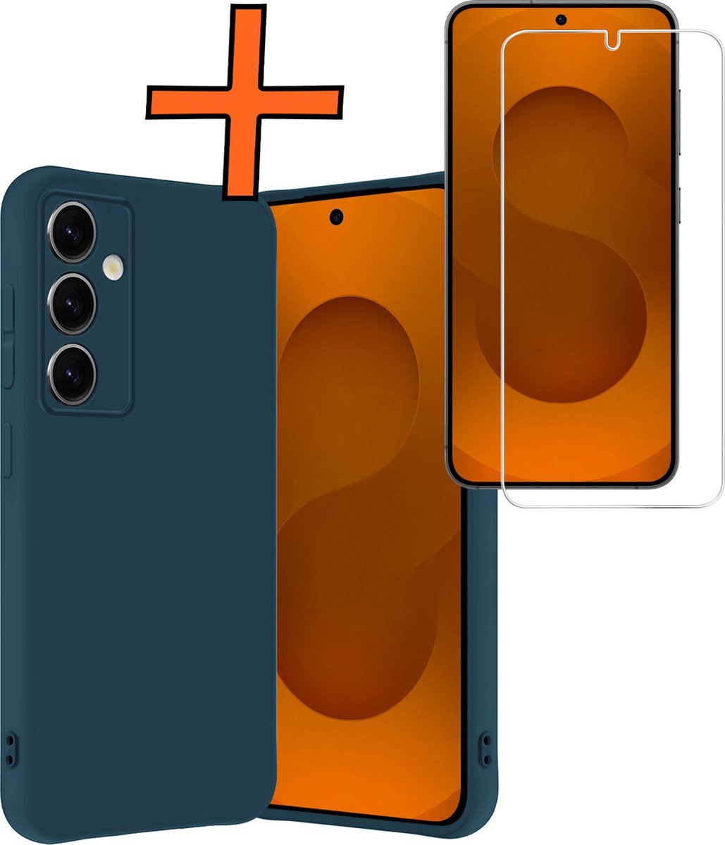 Hoes - Met Screenprotector - Geschikt voor Samsung Galaxy S25 Plus - Sterk & Shockproof - Back Cover - Siliconen Case - Telefoon Hoes - Donkerblauw