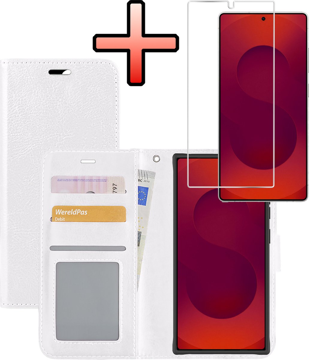 Hoesje - Met Screenprotector - Geschikt voor Samsung Galaxy S25 Ultra - Luxe Pasjeshouder - Bookcase Portemonee - Flip Case - Kunstleer Book Case - Flipcase - Book Cover - Walletcase - Portemonneehoes - Wit
