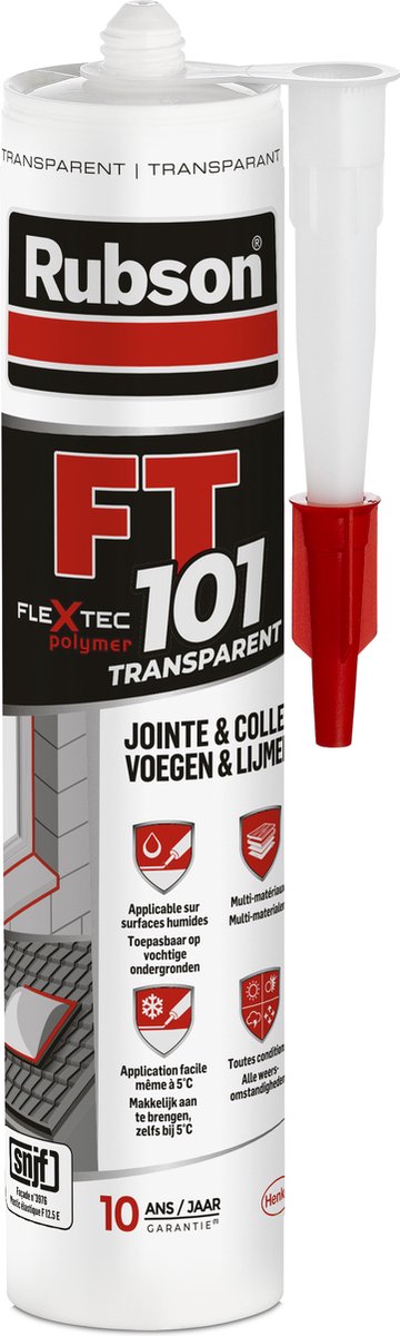 Rubson FT101 Bouwkit Transparant 280 ml – Montagekit & Afdichtkit met Flextec® – Sterk, Elastisch & Waterdicht – Voor Binnen & Buiten – Hecht op Beton, Hout, Metaal & Kunststof