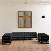 The Living Store Loungeset Tuin - Grenenhout - 6 hoekbanken - 2 middenbanken - 8 zitkussens - 14 rug/zijkussens - Zwart - Antraciet - 70x70x67cm
