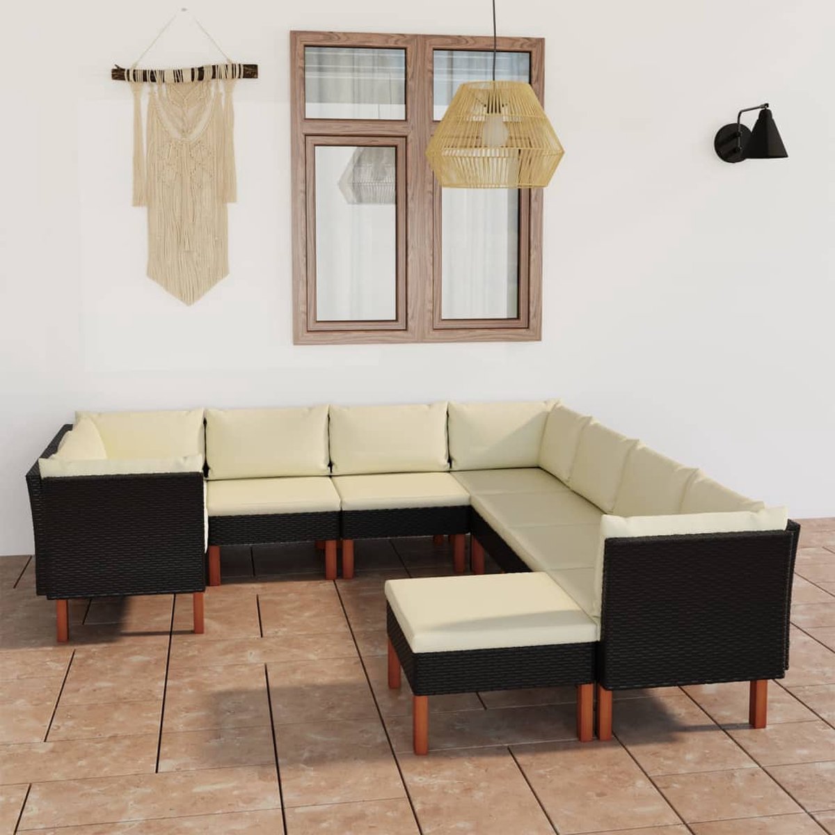 The Living Store 9-delige Loungeset met kussens poly rattan zwart - Loungeset - Tuinset - Lounge Bank - Buitendecor - Outdoor Living