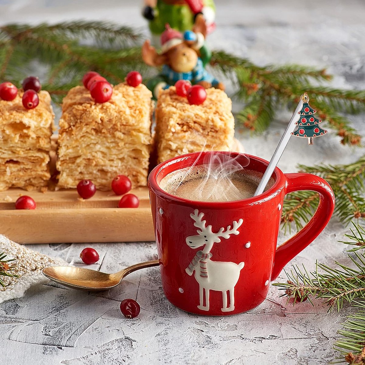 6 stuks lepels, zilveren kersteland, roestvrijstalen
