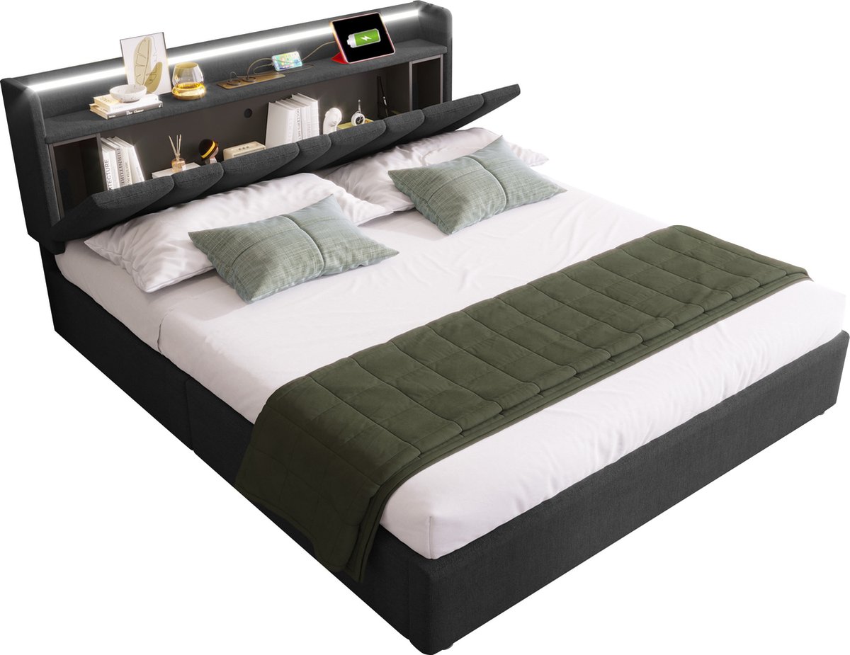 Merax Gestoffeerd Tweepersoonsbed 140 x 200 cm met Opbergruimte - Bed met  USB en LED... | bol.com