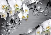 Fotobehang - Vlies Behang - Luxe Zilveren Orchideeën Kunst - 254 x 184 cm