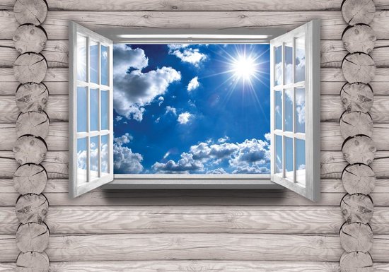 Foto: Fotobehang vlies behang wolken en zon door het raam 3d 208 x 146 cm