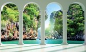 Fotobehang - Vlies Behang - 3D Meer en Bergen door de Pilaren gezien - 208 x 146 cm