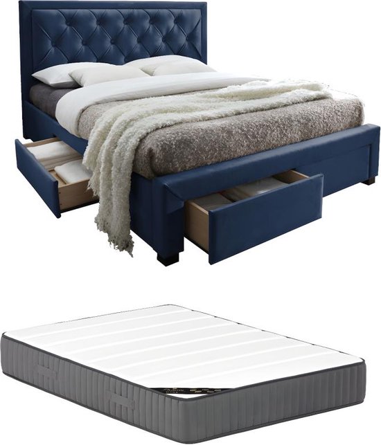 Bed met lades 160 x 200 cm - Blauw velours + matras - LEOPOLD L 216.5 cm x H 122.2 cm x D 165 cm