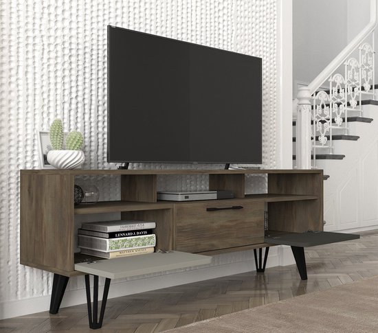 Emob- TV Meubel TV-meubel Tera Home | 100% Melamine Laag | 18mm Dikte | Metalen Poten | Breedte, 55 Hoogte | Grijs Antraciet Noten - 150cm - Bruin