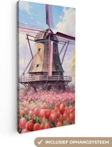 Canvas Schilderij Molen - Tulpen - Bloemen - Landschap - Hollands - 20x40 cm - Wanddecoratie