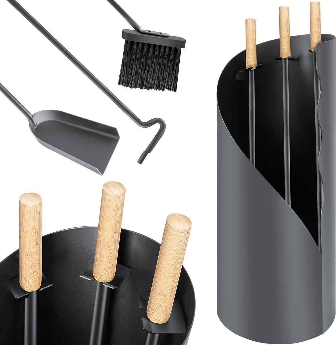 KESSER® Haardset 4-delig - Openhaard Set Gereedschap met bezem, schop, pook, standaard Stalen roestvrijstalen handgrepen Haard accessoires - Antraciet