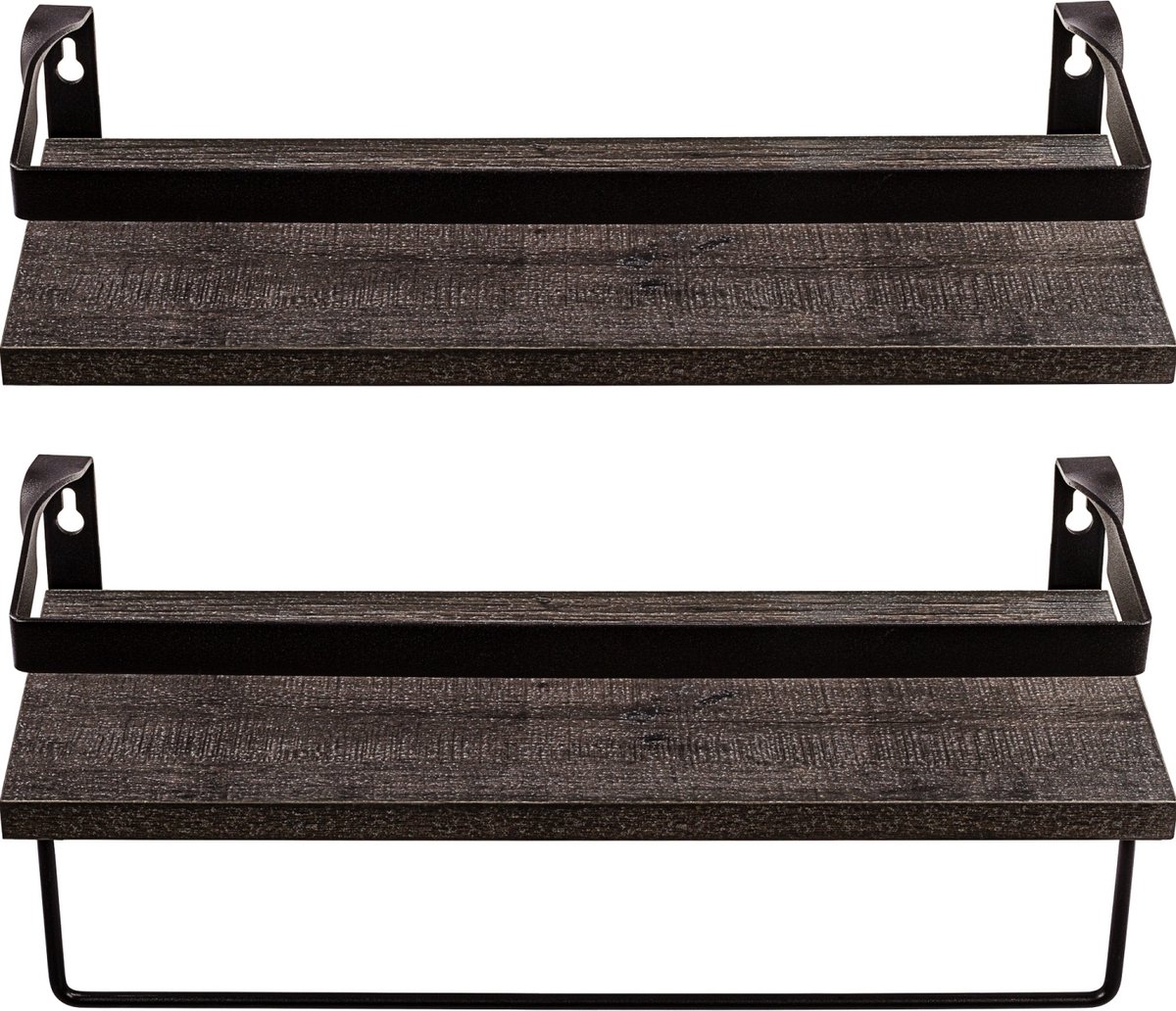 Handdoekrek keuken - Muurplank - Wandplank - Draagvermogen 15 kg - Zwevend - Set van 2 stuks - MDF - Staal - Donkere houttinten - 40 x 15 x 16 cm