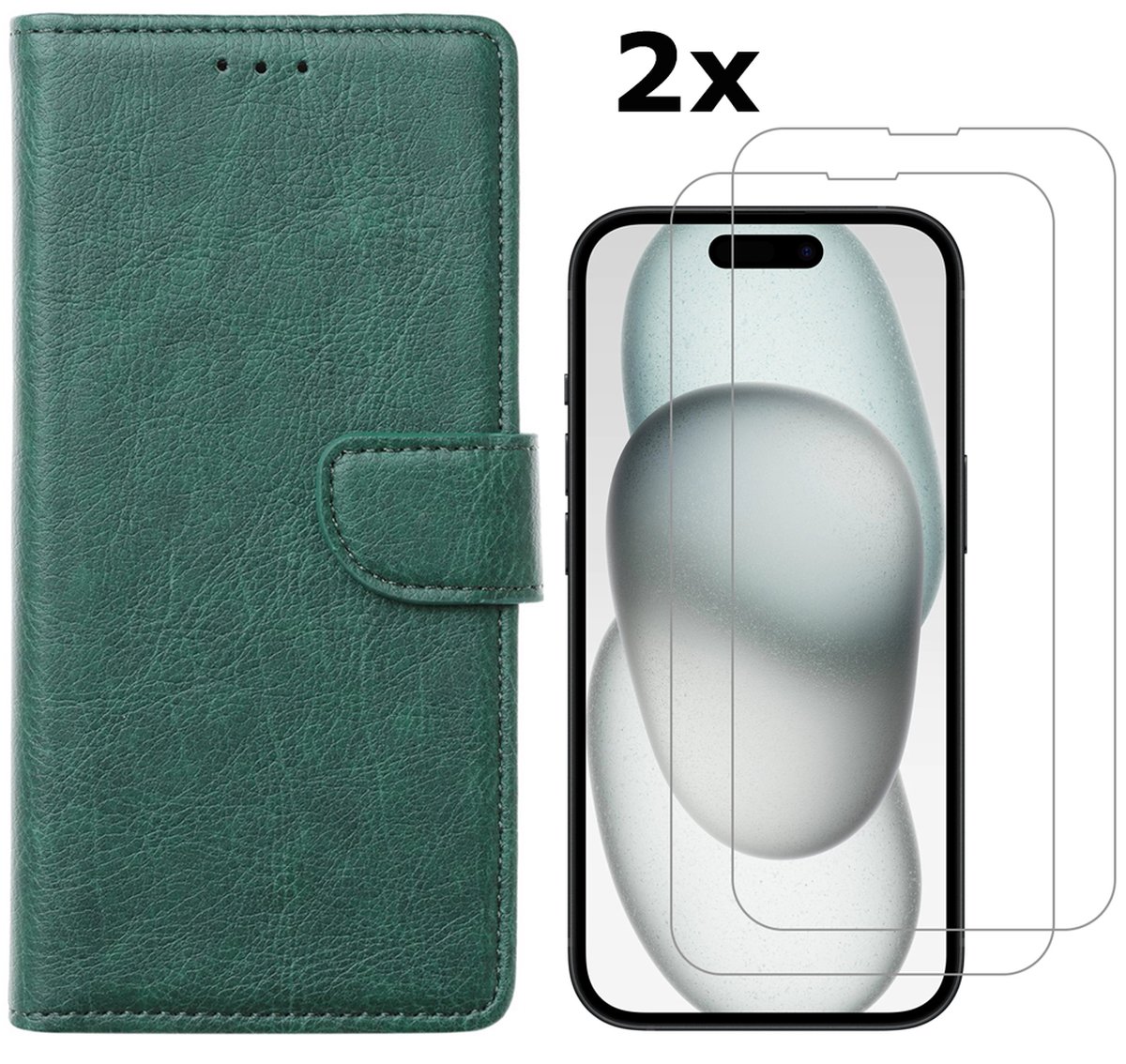 Hoesje Geschikt voor iPhone 15 Plus hoesje bookcase met 2x screenprotector – Groen