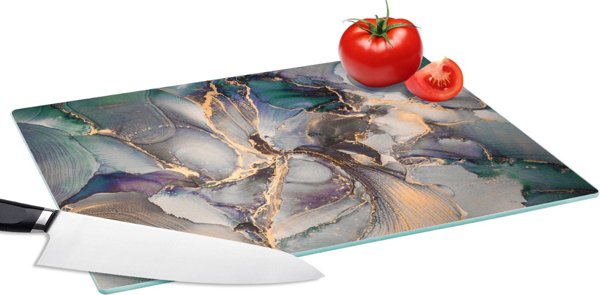 Glazen Snijplank - 39x28 - Goud - Blauw - Marmer - Snijplanken Glas