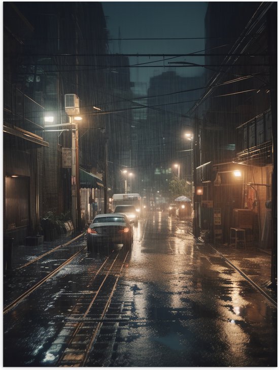 Poster Glanzend – Avond - Regen - Auto - Lichten - 75x100 cm Foto op Posterpapier met Glanzende Afwerking