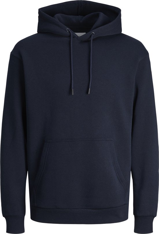 Sweat à capuche bleu marine avec cordon et poche kangourou, sur fond noir.