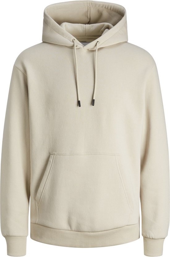 Sweat à capuche beige avec capuche, manches longues, poche kangourou et cordons.