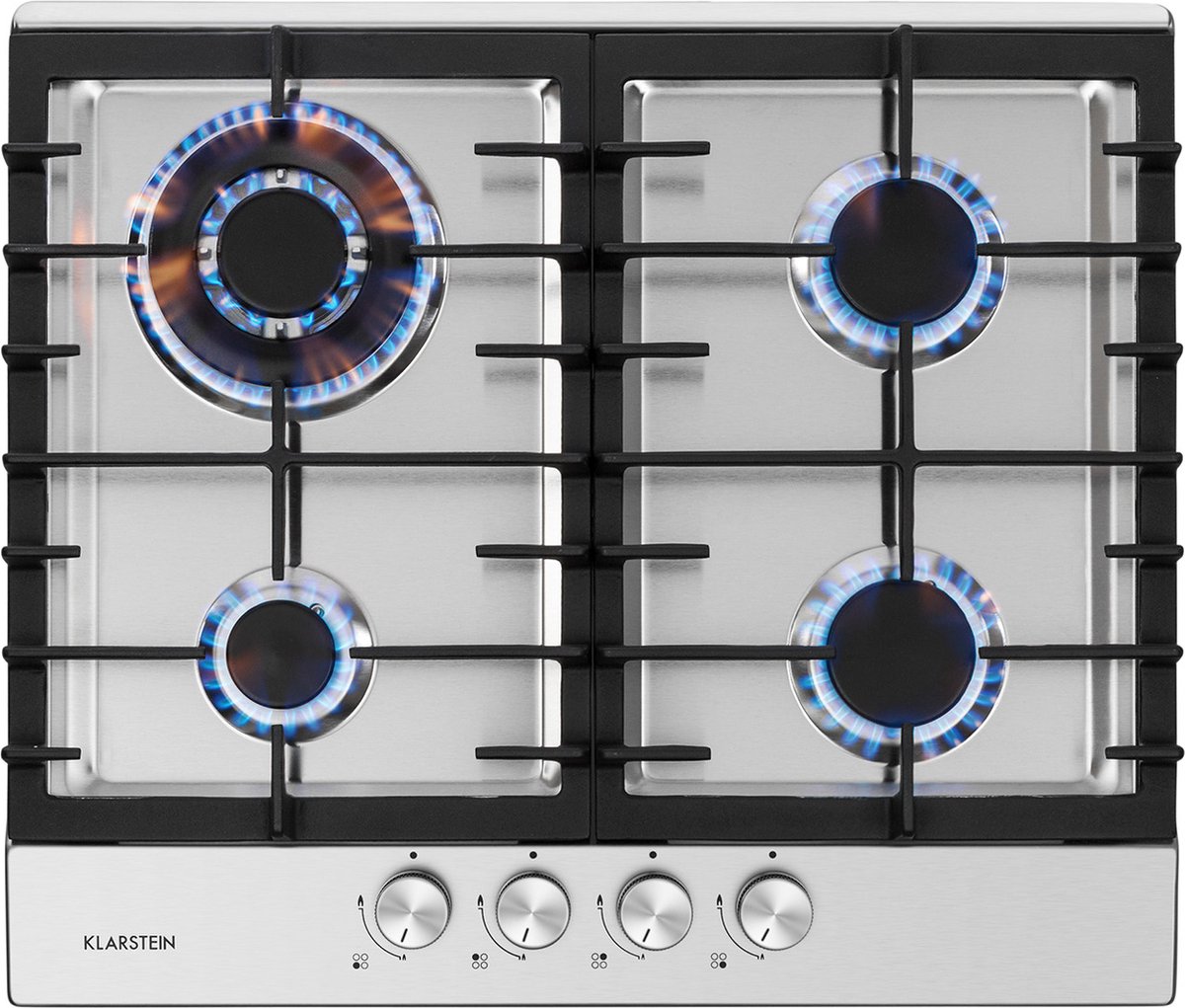 Klarstein Ignito 4-Zone Gaskookplaat - Sabaf-Branders - Onderhoudsvriendelijk - Efficiënt Koken - Gelijke Hittedistributie - Elektrische Ontsteking - Elegant Design - Intuïtieve Draaiknoppen - Glaskeramisch Oppervlak - Praktisch En Elegant - Zilver