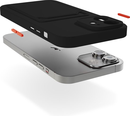 Zwarte siliconen hoes wordt op een telefoon geplaatst, met oranje pinnen.