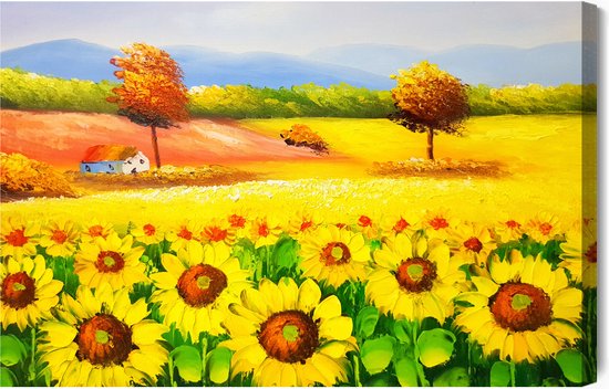 Painting King - Tableau sur toile Un paysage coloré avec des tournesols tels que peints - 40 x 30 cm