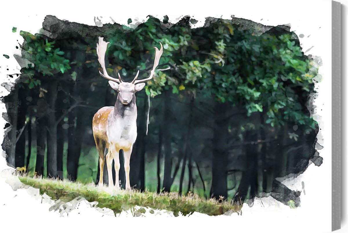 Schilderijkoning - Canvas Schilderij Een Hert In Het Bos Geschilderd Met Waterverf - 70 x 50 cm
