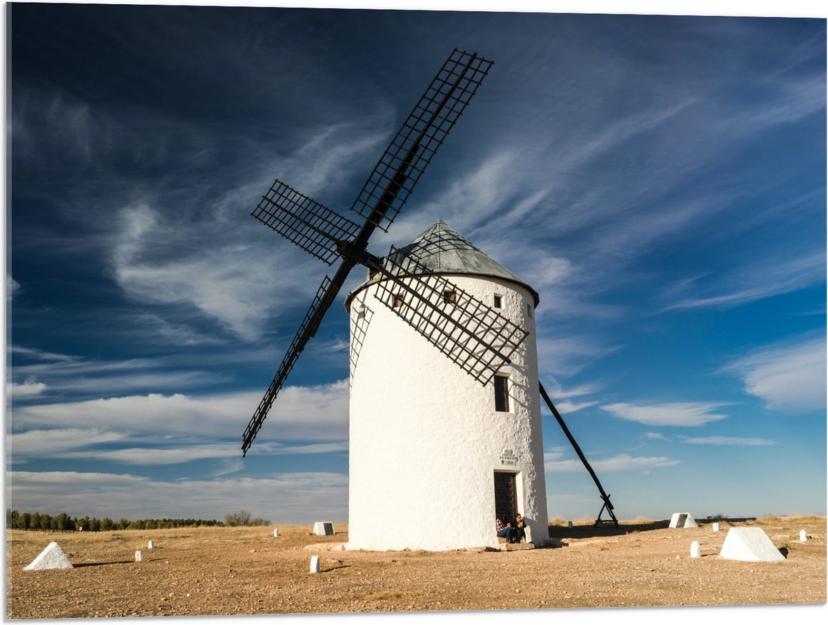 Acrylglas - Witte Molen onder Sluierbewolkin, Nederland - 80x60 cm Foto op Acrylglas (Met Ophangsysteem)