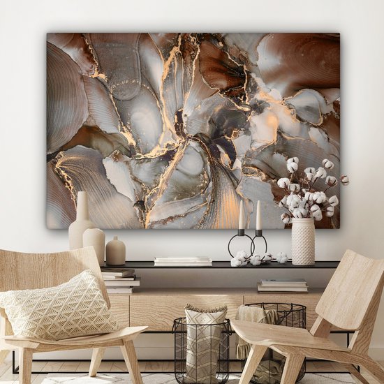 Toile Peinture Grijs - Goud - Marbre - 140x90 cm - Décoration murale
